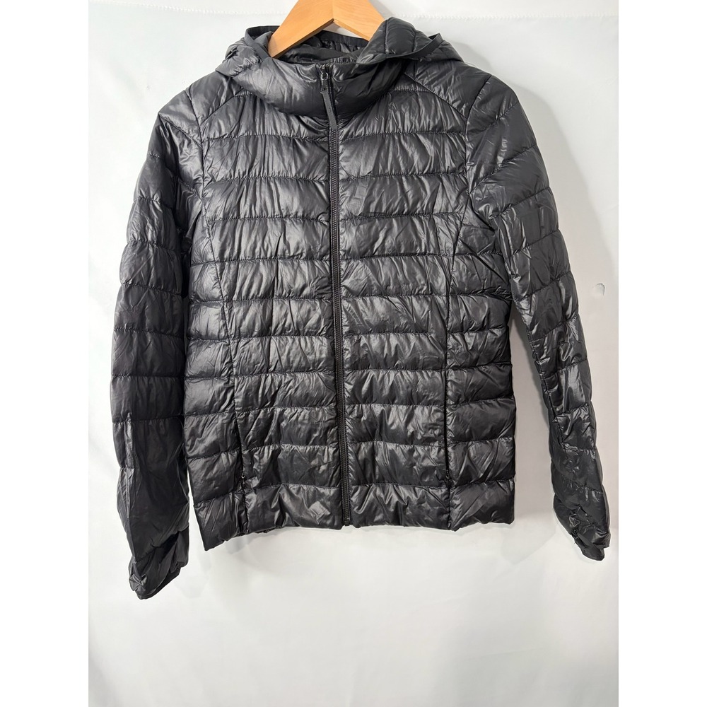 Uniqlo Ultra Light Down Hooded Puffer Jacket Black Womens Small Packable Travel